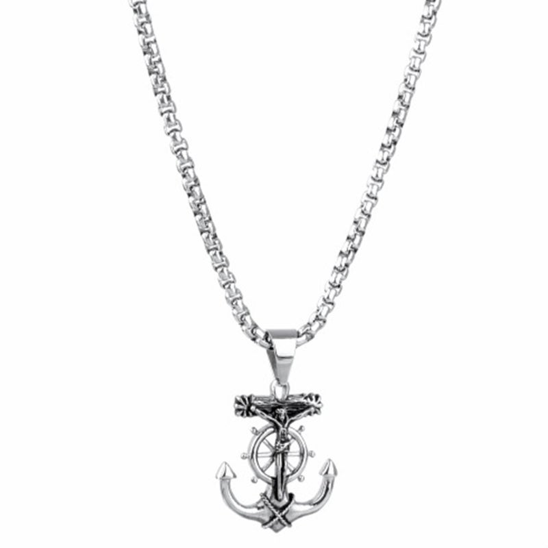 JAJAFOOK Men's Stainless Steel Silver Nautical Anchor Jesus Cross Necklace Chain Link - Image 4